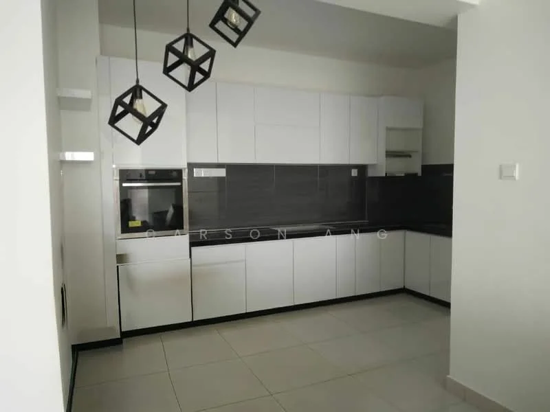 Kitchen features: white flat-panel cabinets, black countertop, built-in oven, stainless-steel range hood, ceramic tile flooring, recessed downlights, pendant lighting, black backsplash, single-bowl stainless-steel sink, chrome pull-down faucet; style: modern.