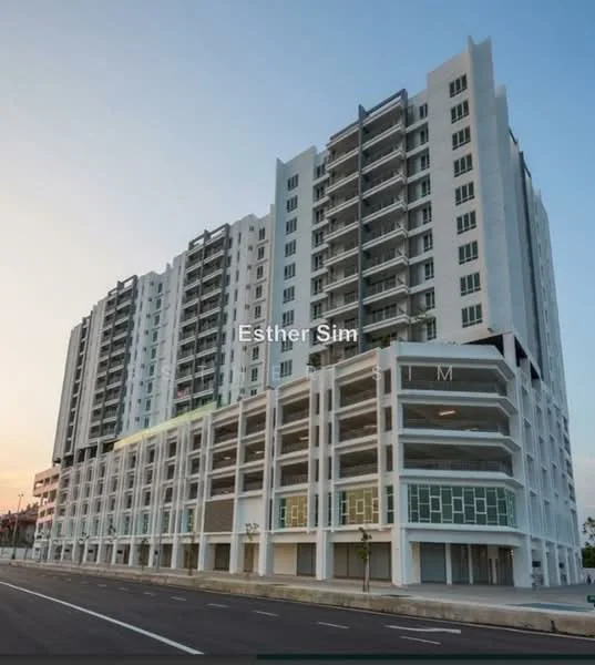 Exterior type: mid-rise condominium; features: white painted facade, glass curtain wall, recessed balconies, multiple storeys, parking deck, street view, modern architectural design; style: modern.
