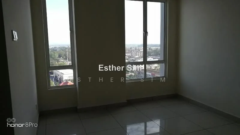 Room features: large windows, city view, white painted walls, glossy tile flooring, corner room, natural light; style: modern; view: city.