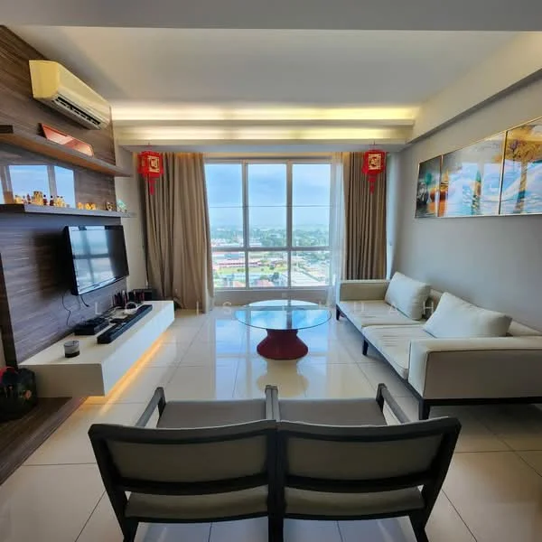 Living features: floor-to-ceiling windows, white painted walls, wood feature wall, recessed LED downlights, sofa with light upholstery, glass coffee table, TV console, wall-mounted TV, decorative wall art, curtains, air conditioning unit, 2 armchairs; style: modern; view: city.