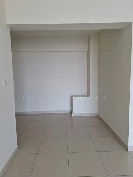 Room features: white painted walls, cream tiled flooring, no visible windows, no visible doors, minimal decor, open layout, corner space, neutral color scheme; style: modern.