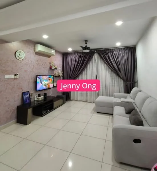 Living features: light grey fabric sofa, flat-screen TV on wall-mounted console, white tiled flooring, pink accent wall, recessed ceiling lights, 5-blade ceiling fan, floor-to-ceiling curtains, decorative wall clock, wall-mounted artwork, sliding glass door; style: modern.