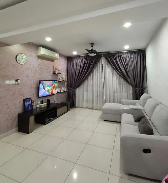 Living features: light grey fabric sofa, white wall, purple accent wall, flat-screen TV on console, black TV console, ceiling fan, recessed lighting, floor-to-ceiling curtains, white tiled flooring, wall clock; style: modern.