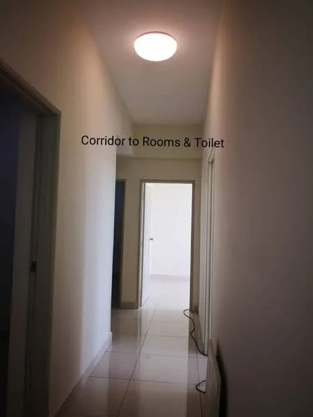 Room features: white painted walls, glossy ceramic tile flooring, flush ceiling light, doorway leading to rooms, doorway leading to toilet.