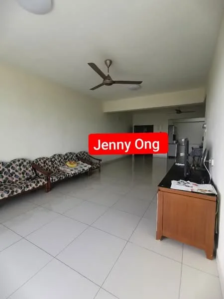 Living features: 3-seater fabric sofa with floral pattern, white walls, tile flooring, ceiling fan, wooden TV console, large open space, natural light from windows, minimalist decor; style: modern.