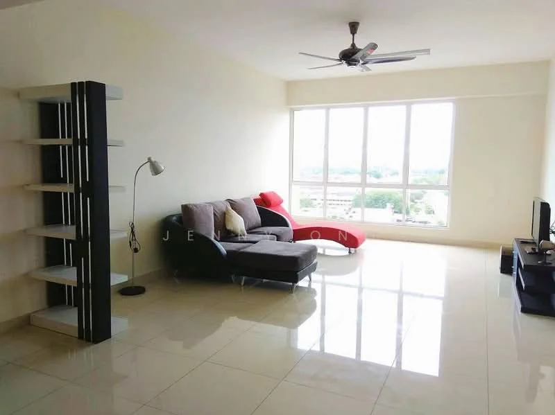 Living features: large floor-to-ceiling windows, grey fabric sectional sofa, red accent chair, black TV console, wall-mounted TV, white walls, glossy tile flooring, ceiling fan with light, decorative floor lamp, open shelving unit; style: modern; view: city.