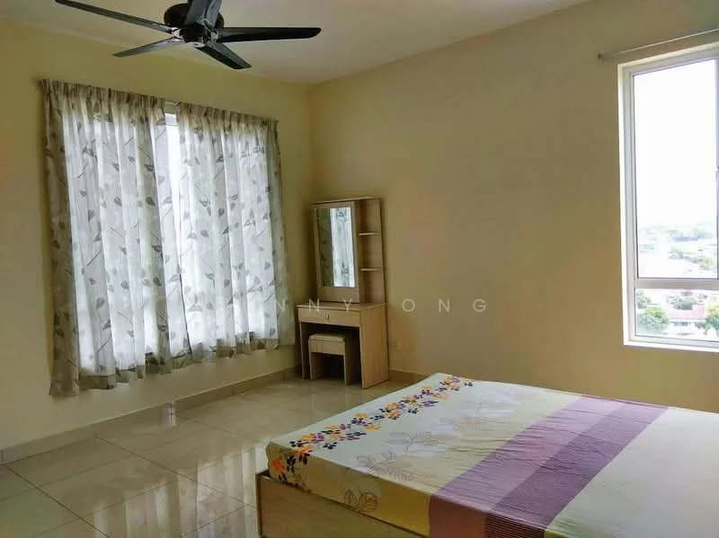Bedroom features: queen-size bed with floral bedding, light-coloured walls, large windows with sheer curtains, floor-to-ceiling windows, tile flooring, ceiling fan with light, wooden dressing table, mirror on dressing table, built-in wardrobe, decorative wall art; style: modern; view: city.