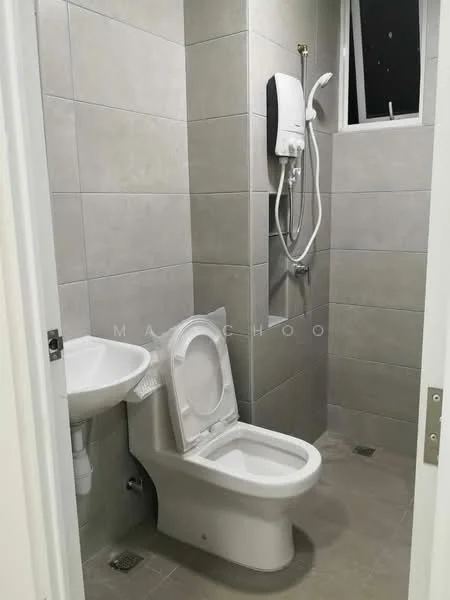 Bathroom features: grey tile cladding on walls, light grey tile flooring, one-piece toilet, wall-mounted shower with handheld showerhead, shower water heater, small wall-mounted sink, window for ventilation, chrome faucet; style: modern.