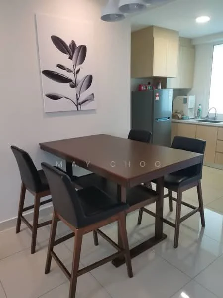 Dining features: wood dining table, 4 black upholstered dining chairs, white walls, tile flooring, refrigerator, built-in cabinets, kitchen countertop, window with natural light, decorative wall art; style: modern. Kitchen features: built-in cabinets, kitchen countertop, refrigerator, microwave, sink, stainless-steel appliances; style: modern.