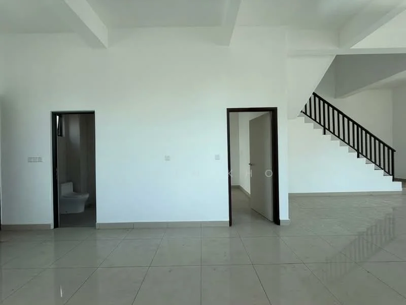 Room features: white painted walls, polished ceramic tile flooring, exposed ceiling beams, two doors leading to unknown rooms, staircase leading to upper level, large open space; style: modern.