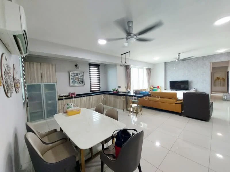 Living features: cream painted walls, white ceiling, 5-blade ceiling fan with light, floor-to-ceiling windows with black blinds, light grey sofa, yellow accent sofa, TV console, wall-mounted TV, area rug, dining table with white surface, upholstered dining chairs, air conditioning unit, decorative wall art; style: modern.
