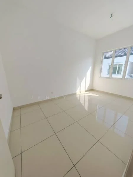 Room features: white painted walls, glossy ceramic tile flooring, floor-to-ceiling windows, natural light from window, single light fixture on ceiling.
