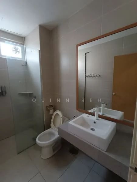 Bathroom features: glass shower enclosure, rain shower head, single-sink vanity with countertop, chrome basin mixer faucet, framed mirror, one-piece toilet, tile flooring, grey wall tiles, white wall tiles, towel rack, window for natural light; style: modern.