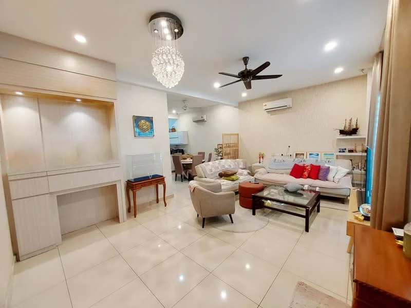 Living features: white painted walls, glossy tile flooring, 5-blade ceiling fan with light, chandelier, sofa with cushions in various colors, coffee table, TV console, wall-mounted TV, decorative wall art, area rug, air conditioning unit, built-in cabinetry, decorative plants, side table, dining area visible in background; style: modern.