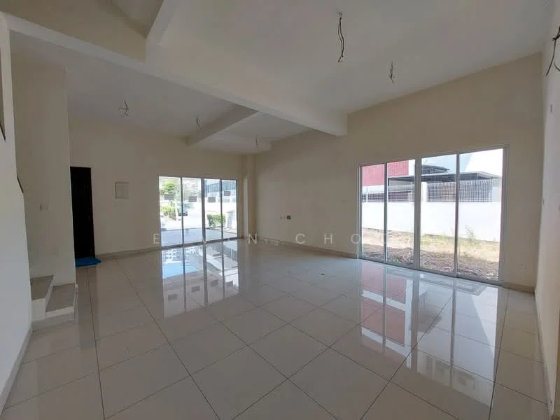 Living features: white painted walls, polished ceramic tile flooring, exposed ceiling with beams, floor-to-ceiling windows, sliding glass door, natural light from windows, neutral color scheme, open layout; style: modern; view: garden.