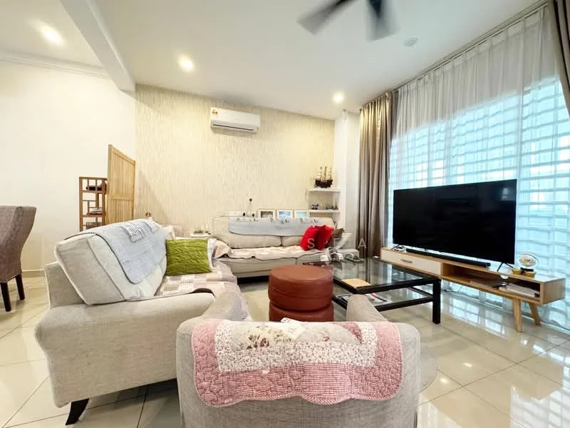 Living features: light grey fabric sofa, brown leather ottoman, black coffee table, wall-mounted flat-screen TV, white curtains, recessed ceiling lights, 1 wall-mounted split AC, cream accent wall, tile flooring, decorative throw blanket, decorative cushions, wooden TV console; style: modern.