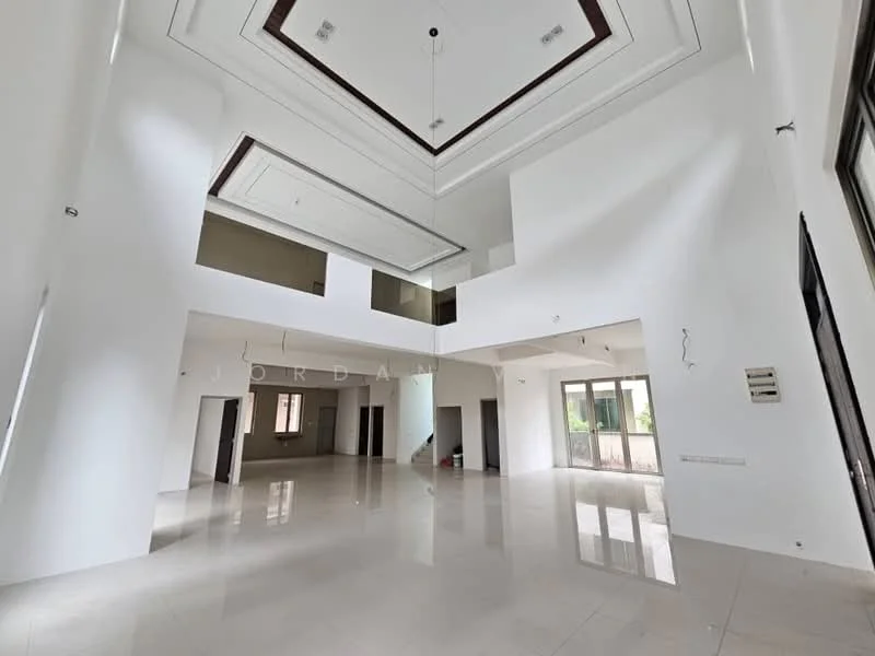 Room features: white painted walls, high ceiling with tray ceiling design, polished marble flooring, large windows for natural light, multiple doorways, open layout, recessed downlights, ceiling rose, neutral color palette; style: modern; view: garden.