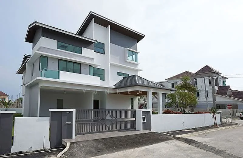 Exterior type: detached bungalow; features: white painted facade, grey accent walls, flat roof, recessed balconies, glass railings on balconies, manicured landscaping, paved driveway, front gate, surrounded by residential area; style: modern.