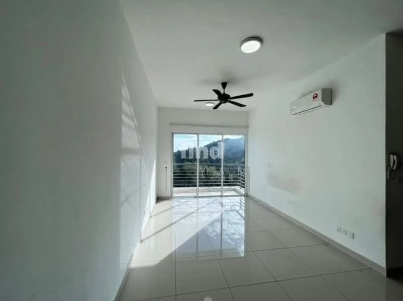 Room features: white painted walls, glossy tile flooring, 5-blade ceiling fan, wall-mounted split AC, floor-to-ceiling sliding glass door, mountain view, natural light from large windows, recessed lighting; style: modern; view: mountain.