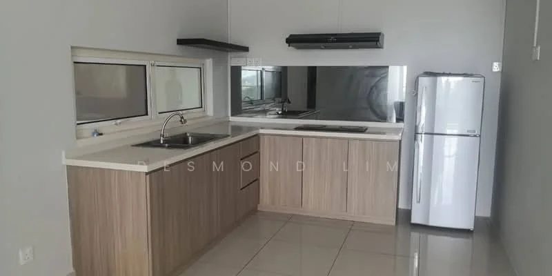 Kitchen features: single-bowl stainless-steel sink, chrome pull-down faucet, white quartz countertop, wood cabinetry with light wood finish, built-in oven, 4-burner gas hob, stainless-steel fridge, mirror backsplash, ceramic tile flooring, recessed downlights, window with sliding glass, exhaust hood; style: modern.
