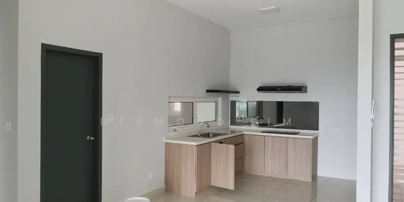 Kitchen features: white painted walls, high ceiling, light grey cabinetry, wooden base cabinets, stainless-steel sink, chrome pull-down faucet, built-in oven, stainless-steel range hood, ceramic tile flooring, recessed downlights, countertop with integrated backsplash, open layout, large window for natural light; style: modern.
