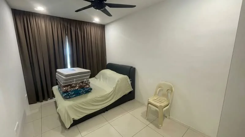 Bedroom features: queen-size bed, upholstered headboard, light-colored bedding, stacked mattresses, single plastic chair, brown curtains, white painted walls, tile flooring, ceiling fan.