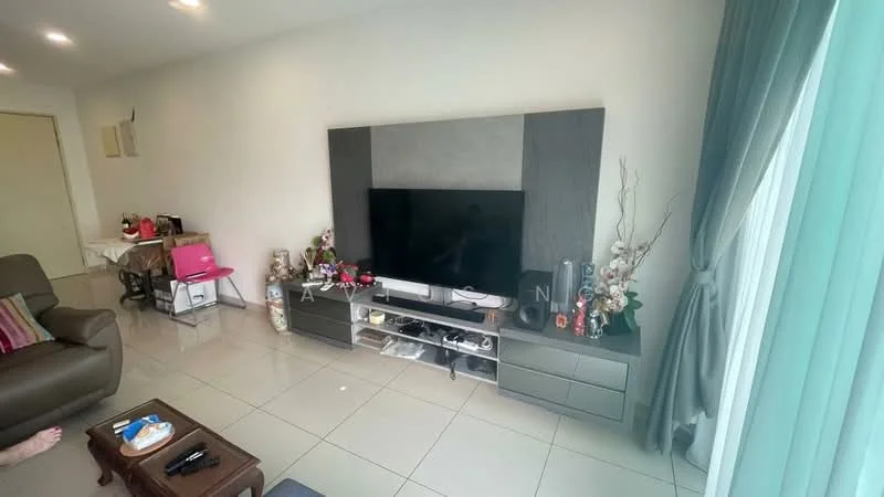 Living features: grey feature wall, white painted walls, glossy tile flooring, 3-seater fabric sofa in brown, wooden coffee table, wall-mounted TV, TV console with storage, decorative plants, curtains in light green, recessed ceiling lights; style: modern.