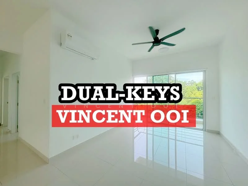 Room features: white painted walls, glossy tile flooring, 5-blade ceiling fan in green, wall-mounted split AC, large sliding glass door, natural light from windows, neutral color scheme; style: modern; view: garden.