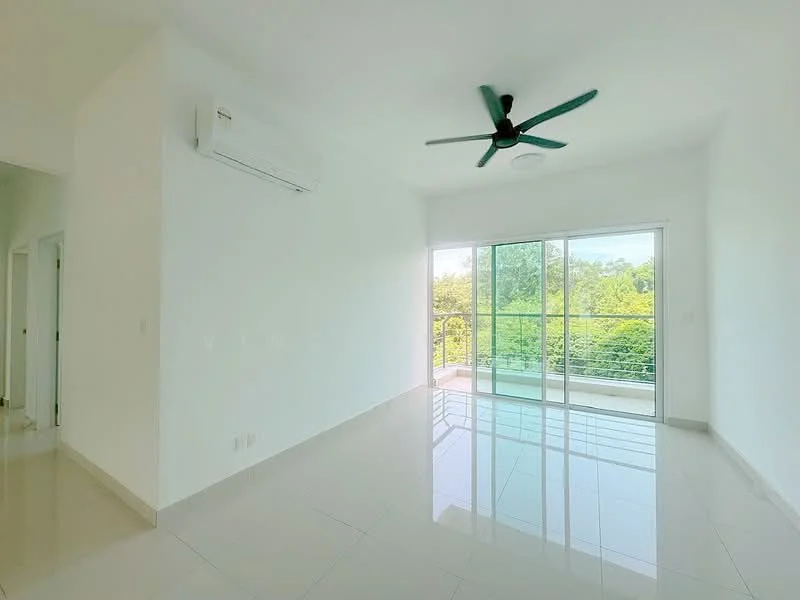 Living features: white painted walls, glossy ceramic tile flooring, 5-blade ceiling fan in black, floor-to-ceiling sliding glass door, balcony view, wall-mounted split AC, recessed downlights, natural light from large windows; style: modern; view: garden.