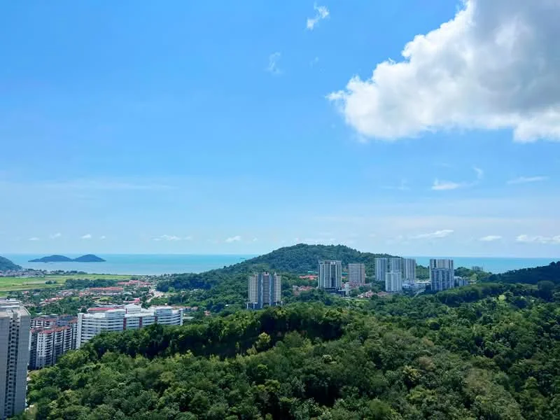 Exterior type: high-rise condominium; features: city skyline view, sea view, surrounded by greenery, hills in background, clear blue sky, few clouds; style: modern.
