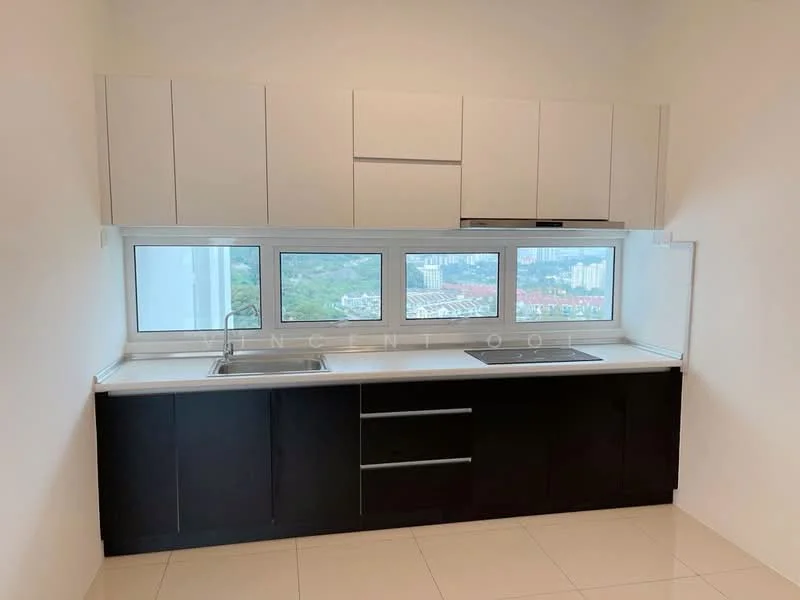 Kitchen features: white upper cabinets, black lower cabinets, single-bowl stainless-steel sink, chrome pull-down faucet, white countertop, tile flooring, large windows with city view, built-in range hood; style: modern; view: city.