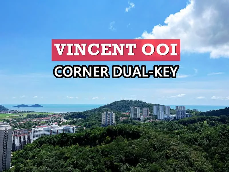 Exterior type: high-rise condominium; features: city skyline view, sea view, surrounded by greenery, multiple high-rise buildings, hills in background, clear blue sky; style: modern.