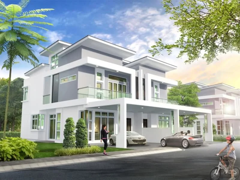 Exterior type: detached bungalow; features: white painted facade, glass windows, flat roof, double-volume car porch, manicured lawn, tropical landscaping, paved driveway, surrounded by greenery; style: modern.