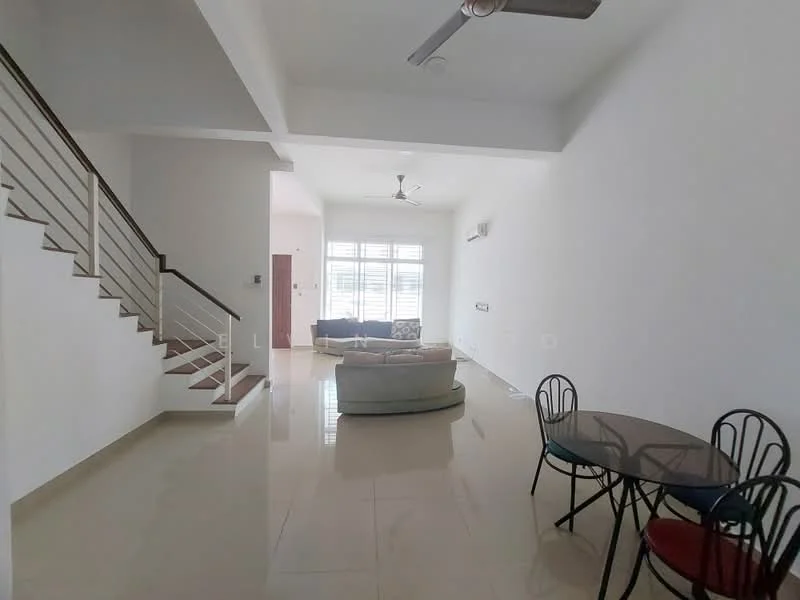Living features: white painted walls, polished tile flooring, 5-blade ceiling fan, sofa in grey, coffee table, floor-to-ceiling windows, air conditioning unit, natural light from windows; style: modern. Dining features: round dining table, black dining chairs, white painted walls, polished tile flooring; style: modern.