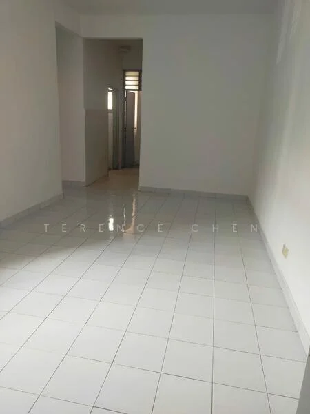 Room features: white painted walls, glossy white tile flooring, natural light from window, neutral color scheme, no visible furniture, open layout, high ceiling, doorway leading to another room; style: minimalist.