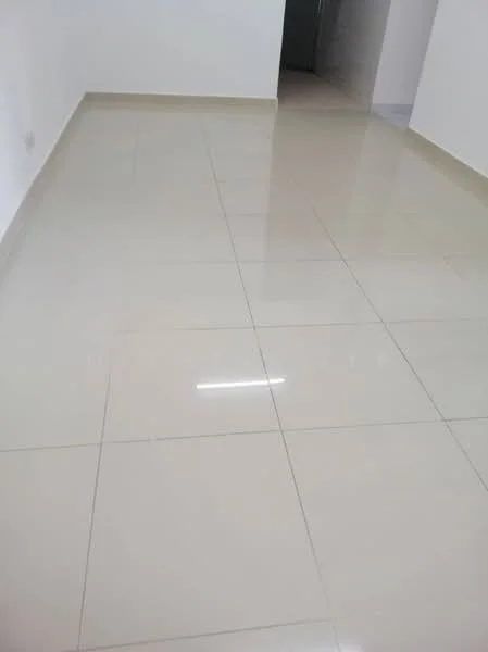 Room features: glossy ceramic tile flooring, white painted walls, recessed ceiling lights.