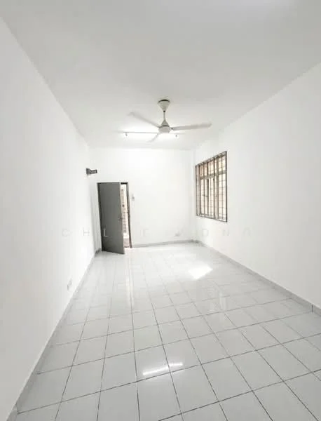 Room features: white painted walls, glossy white floor tiles, ceiling fan, large window with metal grille, door leading to another room, recessed ceiling lights; style: minimalist.