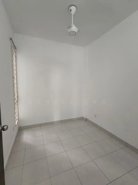 Room features: white painted walls, tile flooring, ceiling fan, window with blinds, neutral color scheme; style: minimalist.