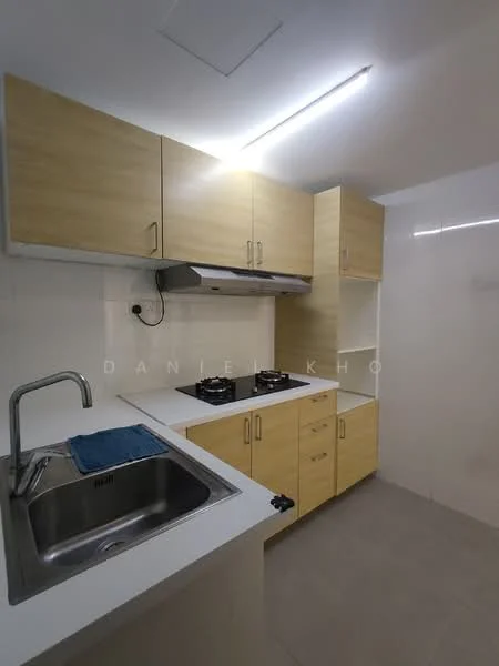 Kitchen features: laminate cabinetry in light wood finish, white countertop, single-bowl stainless-steel sink, chrome pull-down faucet, built-in gas hob with two burners, exhaust hood, white tiled backsplash, grey tile flooring, recessed LED downlights; style: modern.