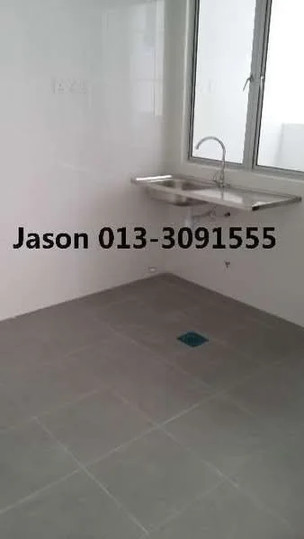 Room features: grey ceramic tile flooring, white painted walls, stainless-steel sink, chrome pull-down faucet, single window, floor drain.