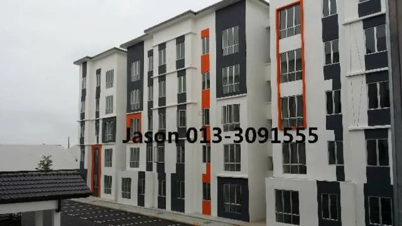 Exterior type: low-rise apartment block; features: white painted facade, grey accent panels, orange accent panels, multiple storeys, floor-to-ceiling windows, flat roof, parking lot visible, manicured landscaping; style: modern.