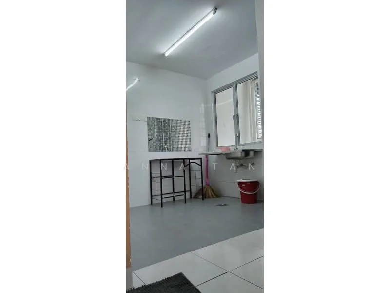 Room features: white painted walls, grey flooring, tile flooring, large window, high ceiling with fluorescent lighting, bar table with stools, cleaning supplies visible, red bucket; style: modern.