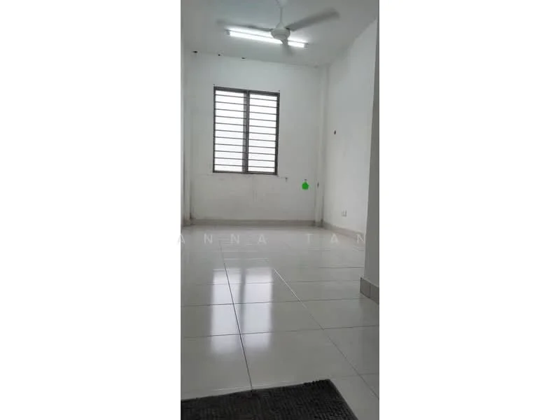 Room features: white painted walls, glossy ceramic tile flooring, ceiling fan, sliding window with metal grille, green wall-mounted light fixture, corner of the room with floor tiles, visible electrical outlet; style: minimalist.