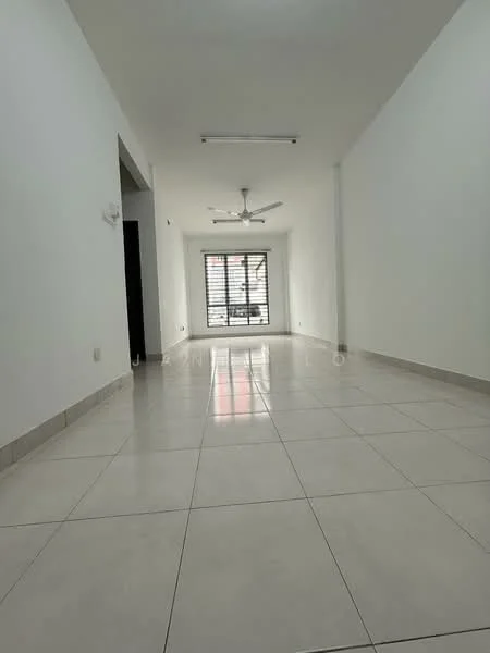 Room features: white painted walls, glossy ceramic tile flooring, ceiling fan, large windows with metal grilles, natural light from windows, neutral color scheme, recessed lighting, open layout; style: modern.