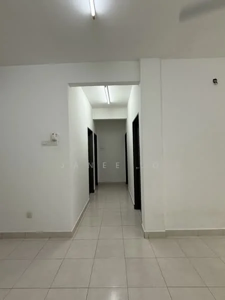 Room features: white painted walls, tile flooring, ceiling lights, door frames, multiple doorways; style: modern.