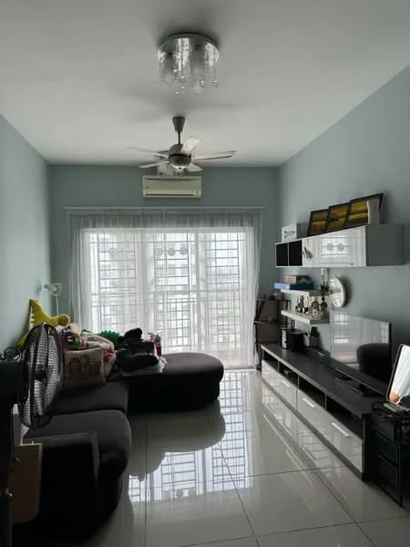 Living features: grey fabric L-shape sectional sofa, black TV console, wall-mounted mirror, ceiling fan with light, recessed downlights, large sliding glass door, white sheer curtains, glossy white tile flooring, decorative wall art, black shelving unit, decorative items on shelves, green houseplant; style: modern; view: city.