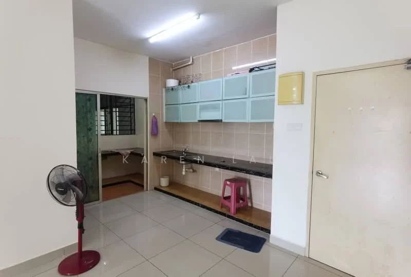 Kitchen features: light blue cabinetry, black countertop, single-bowl stainless-steel sink, chrome pull-down faucet, wall-mounted fan, ceramic tile flooring, white tiled walls, open shelving, stool, kitchen appliances visible; style: modern. Room features: window with metal grille, wooden partition, flooring visible.