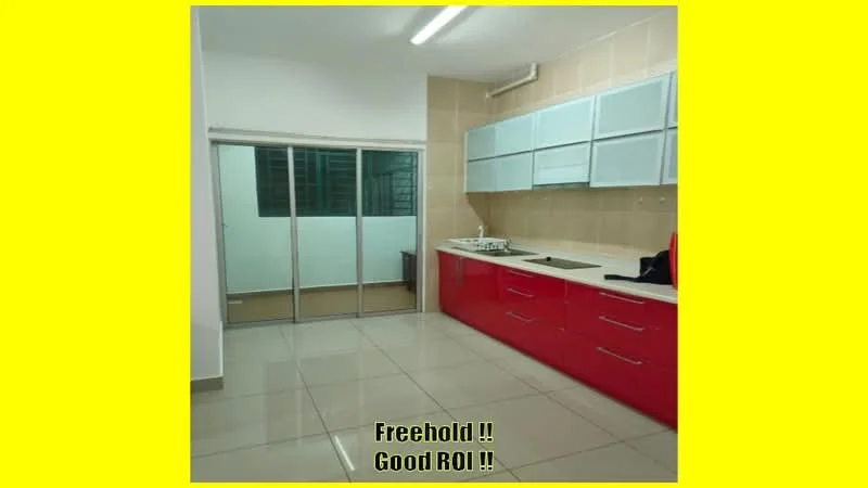 Kitchen features: red cabinetry, white countertop, built-in gas hob, stainless-steel sink, sliding glass door, wall-mounted cabinets, cream tiled backsplash, ceramic tile flooring, window with grid, recessed lighting; style: modern.