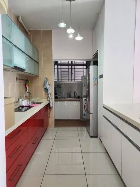Kitchen features: red cabinetry with flat-panel doors, white countertop, stainless-steel sink, chrome pull-down faucet, built-in refrigerator, ceramic tile flooring, pendant lighting, glass upper cabinets, wall-mounted cabinets, neutral tiled backsplash; style: modern.