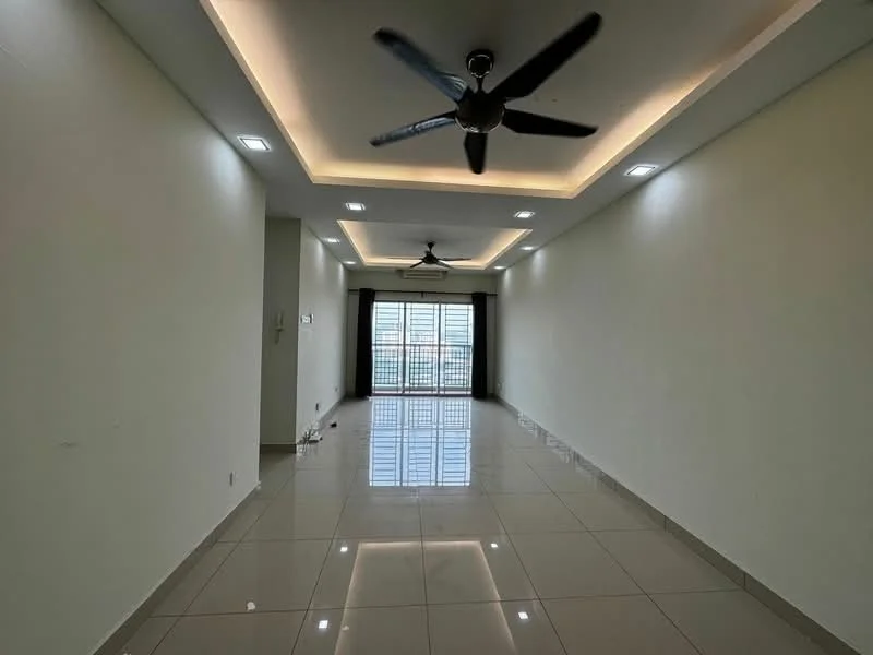 Living features: glossy ceramic tile flooring, white painted walls, tray ceiling with recessed lighting, 2 ceiling fans, floor-to-ceiling windows, blackout curtains, natural light from windows, open layout; style: modern; view: city.